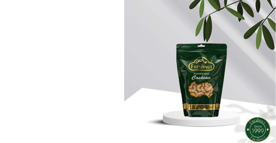 Freshnuts nut packs on a pedestal, white space on the left