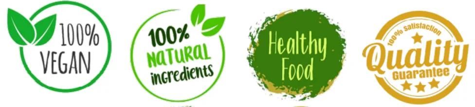 Four quality marks: 100% vegan, 100% natural ingredients, healthy food and quality guarantee
