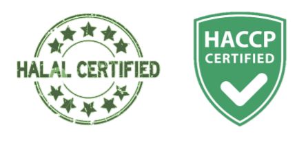 Halal Certified stamp beside an HACCP Certified shield